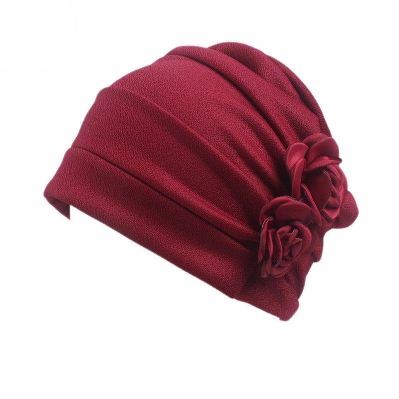 HONENNA Ruffle Chemo Turban Headband Scarf Beanie Cap Hat for Cancer Patient (Beige+Wine) - Image 2